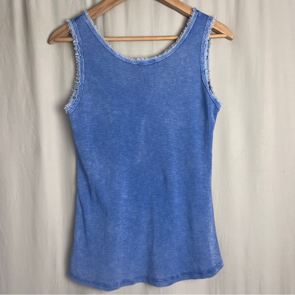 Made in Italy Blue Cotton Tank Frayed Edge Trim Soft Stretch Minimalist Top - Picture 3 of 7